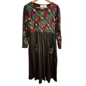 Michael Simon Christmas Dress S Black Midi Holiday‎ Festive Embroidered Pockets